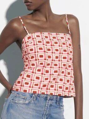 Zara Geometric Print Backless Tie-Back Cami Top - Pink / Red - Size Large